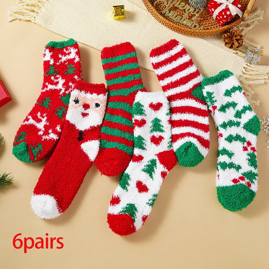 Lot de 6 paires de chaussettes de Noël en velours corail – Douces, chaudes et festives